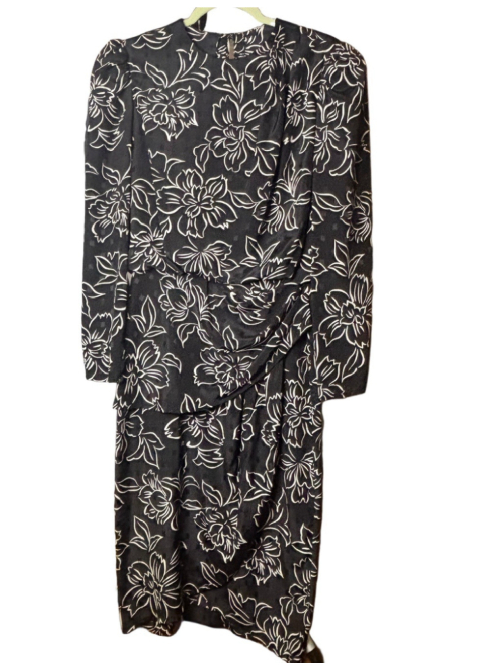 Vintage Jody California Dress 7/8 Black White Floral Long Sleeve Made USA